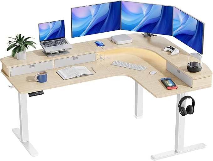 65″ L-Shaped Standing Desk with Power Outlets & LED Strip, Support C-Clamp Mount