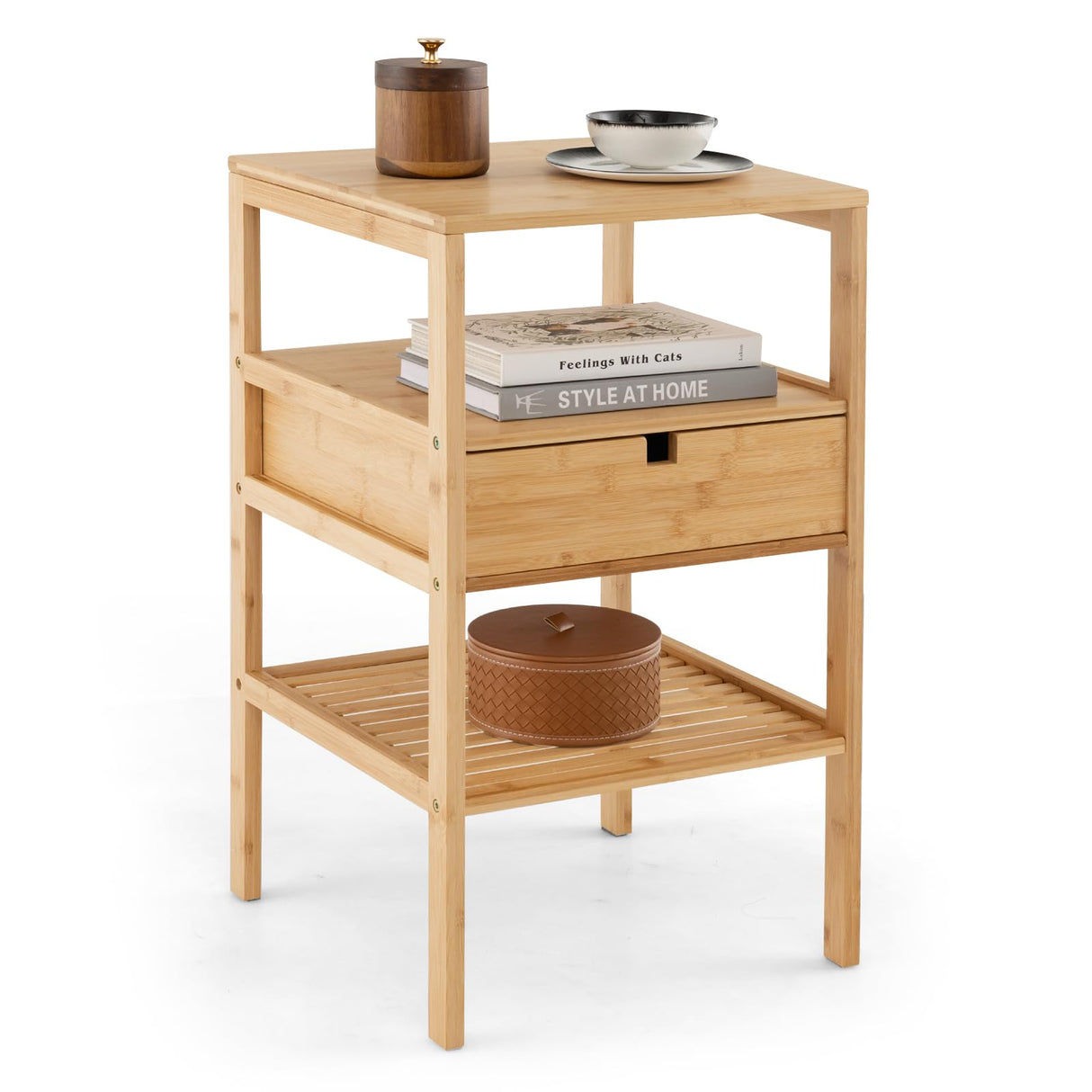 Bamboo Nightstand, Wood Side Table with Drawer and 2 Storage Shelves, Multifunctional