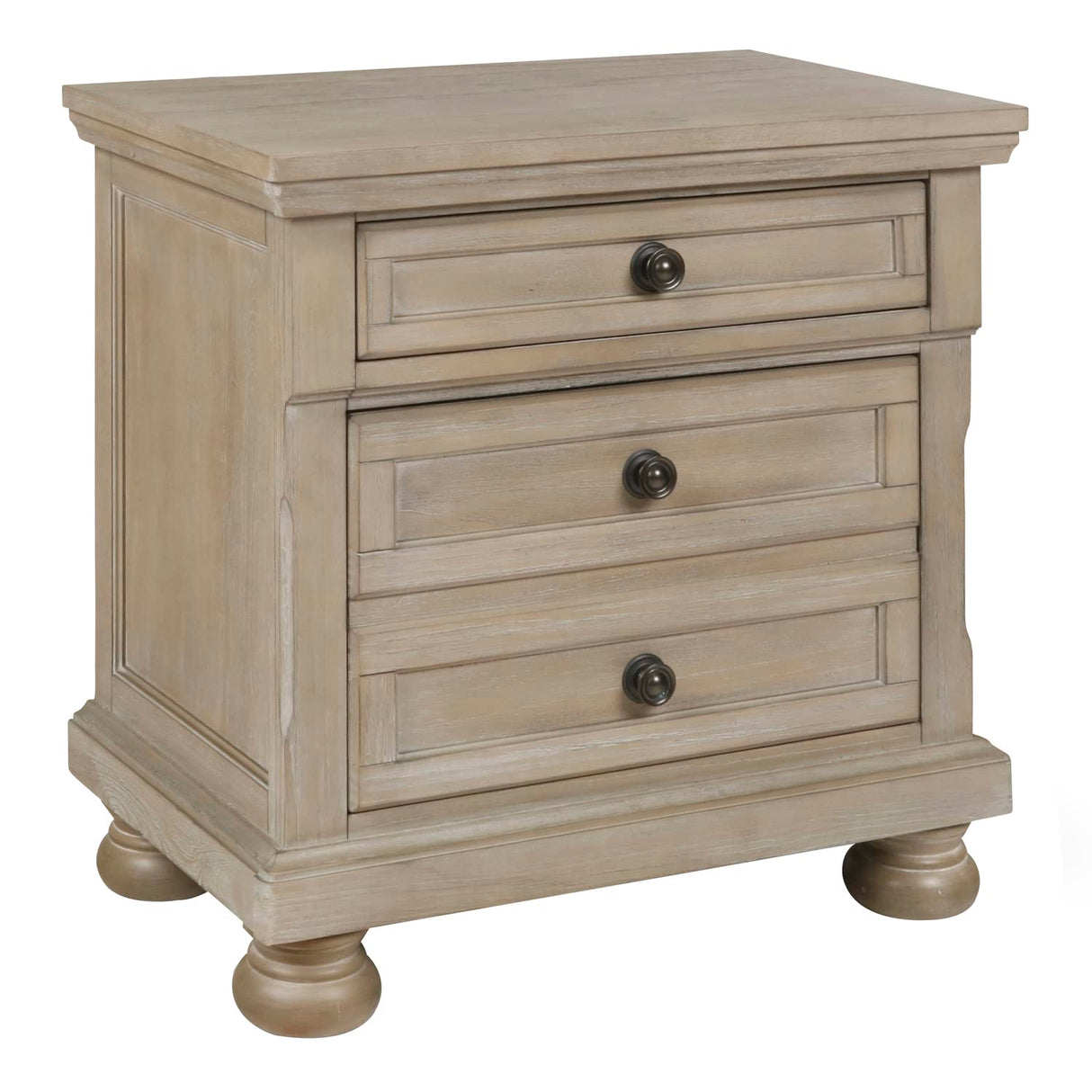 Drawer Wooden Nightstand with Round Knobs and Bun Feet, Weathered Brown