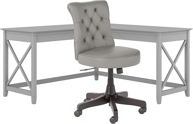 Key West 60W L Shaped Desk with Mid Back Tufted Office Chair in Washed Gray
