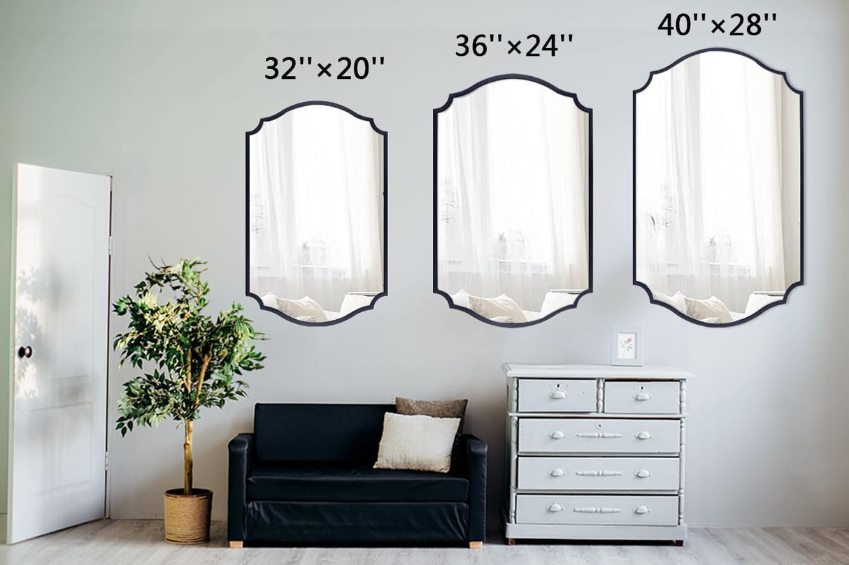 32x20 Black Arched Bathroom Mirror with Scalloped Frame