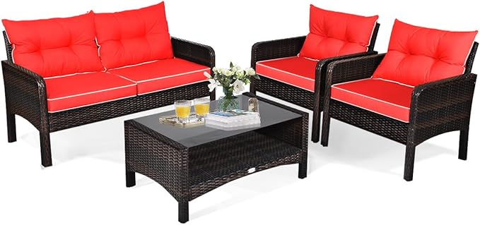 4 Pieces Rattan Patio Conversation Set, Outdoor Wicker Furniture Set with Chairs, Loveseat
