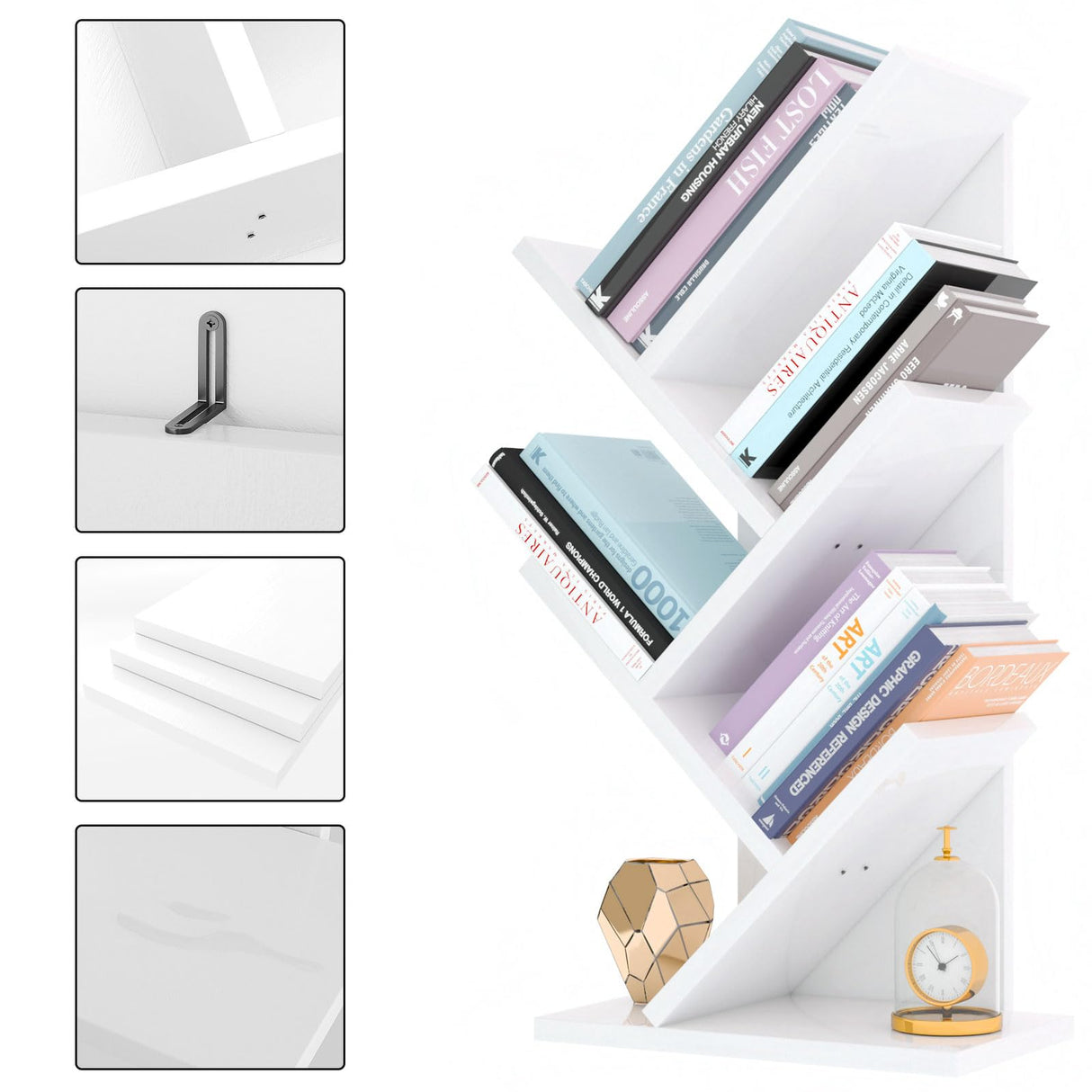 YMYNY 4 Tier Tree Bookshelf, Small Bookcase, Modern Wood Book Storage Rack, Freestanding Book Shelf for Books/Movies/CDs, Narrow Display Rack for Living Room, Home Office, White UHBC014W