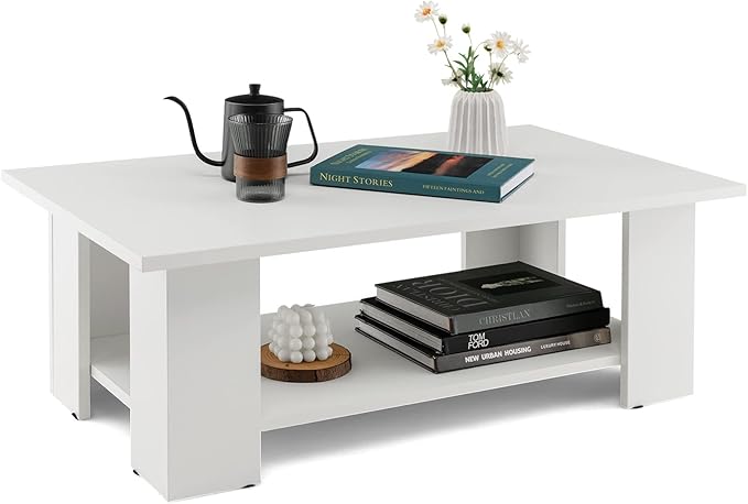 2-Tier Coffee Table, Modern Rectangular Center Cocktail Table with 5 Support Legs