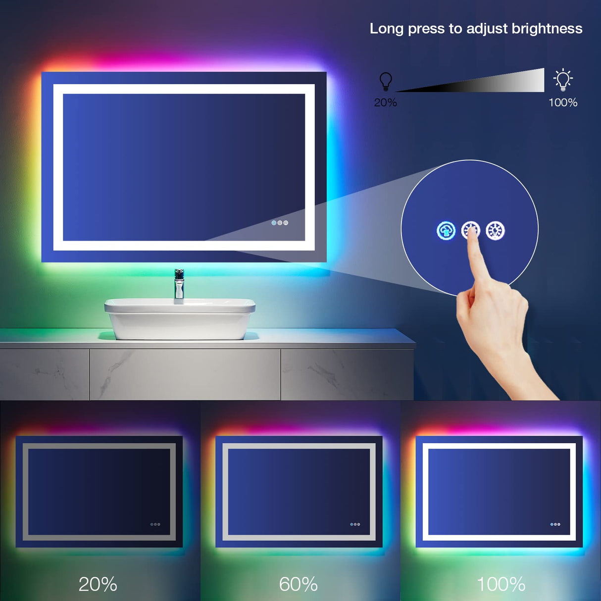 48"X32" LED Bathroom Mirror with Lights, Anti-Fog, Dimmable, RGB Backlit