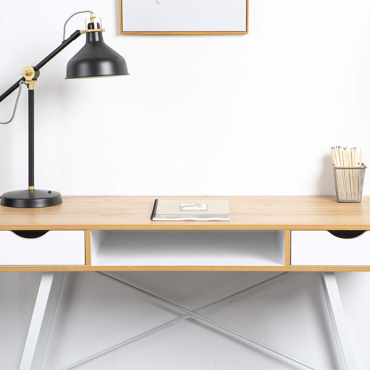 Mid Century Desk with Drawers, 47 inches Writing Study Desk with 2 Drawer and Opening