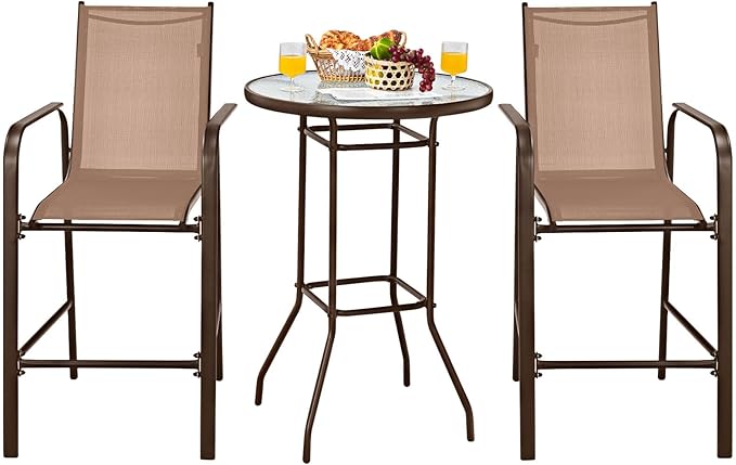 3 Pieces Outdoor Patio Bar Set, Outdoor Bistro Set with 2 Bar Stools and 1 Tempered Glass Bar Table