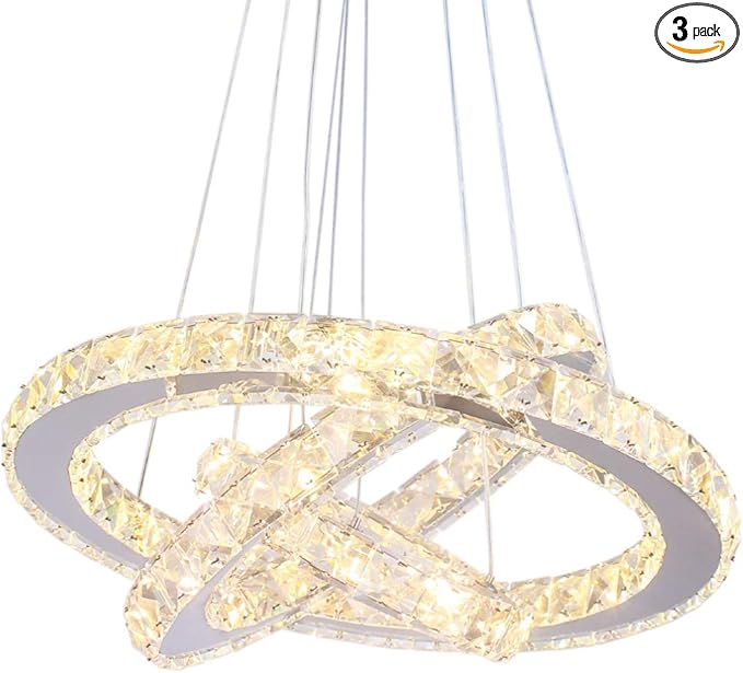 3 Ring Modern Crystal Chandelier Light Fixture Round LED Pendant Lighting Chrome