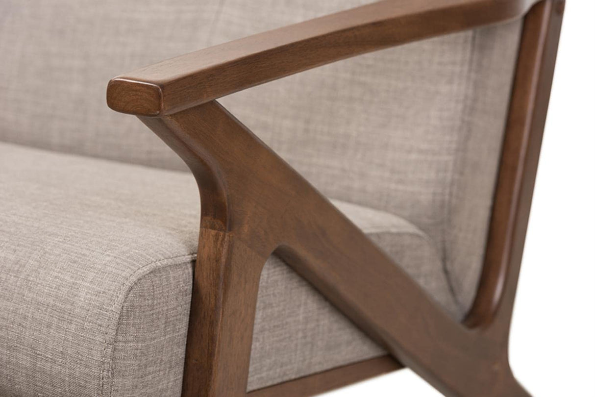 Bianca Mid-Century Modern Walnut Wood Light Grey Fabric Tufted Lounge Chair