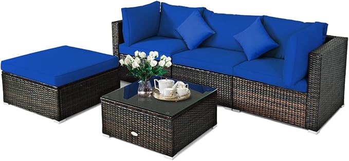 5-Piece Outdoor Patio Furniture Set, Glass Top Coffee Table and Lounge Sofa