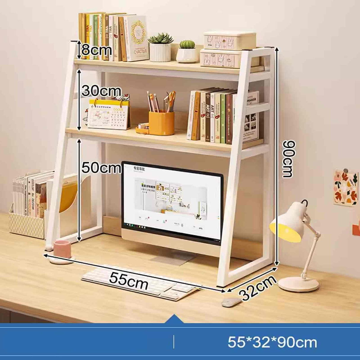 JXCAA Wall Ladder White Small Computer Desk Tall Bookcase Bookshelf Storage, Desktop Bookshelf Organizer, Thickened Steel Frame, with Installation Tools, 3 Layers, 55 X 32 X 90 Cm