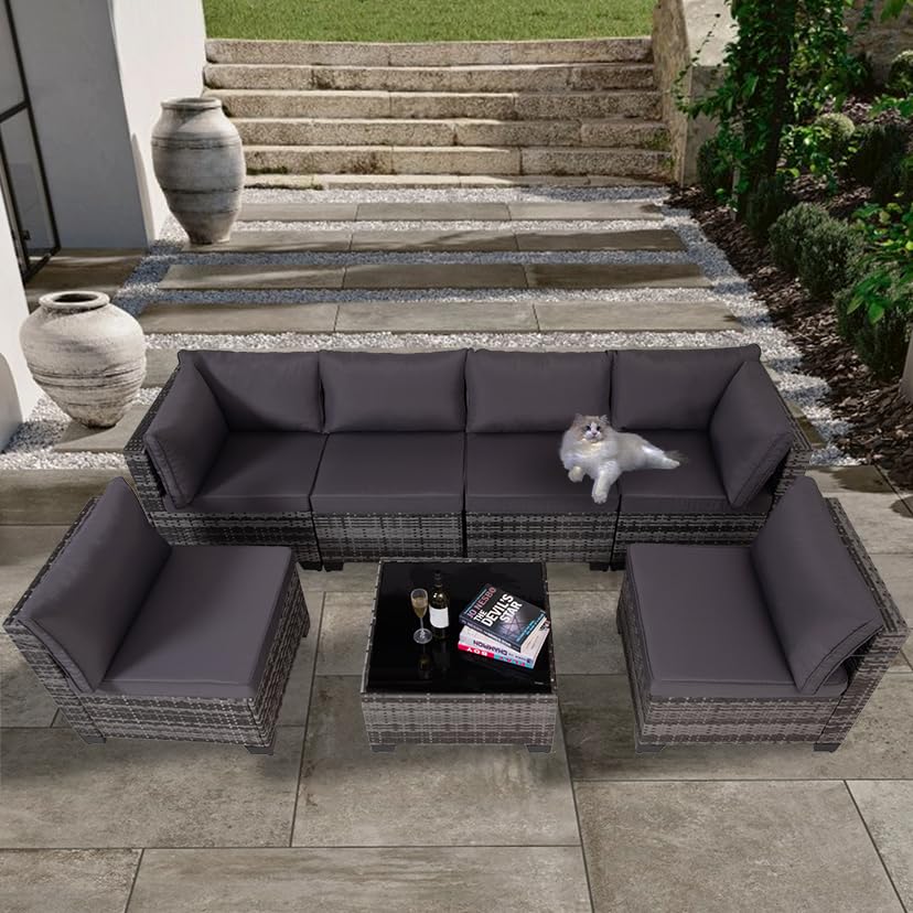 7 Pieces Wicker Patio Furniture Set, Outdoor Sectional Rattan Sofa with Waterproof