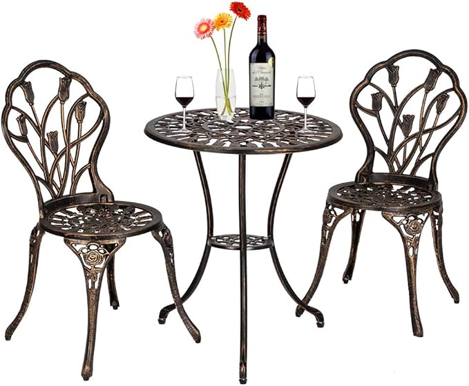 3 Pieces Patio Bistro Set, Rust-Resistant Cast Aluminum Outdoor Bistro Table and Chairs