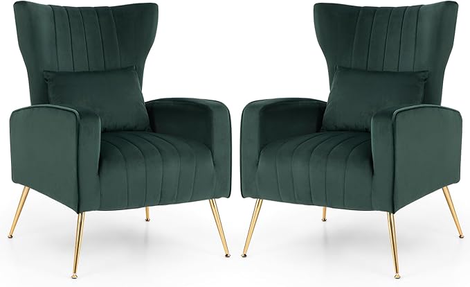 Velvet Accent Chair Set of 2, Upholstered Tufted Wingback Arm Chair w/Lumbar Pillow