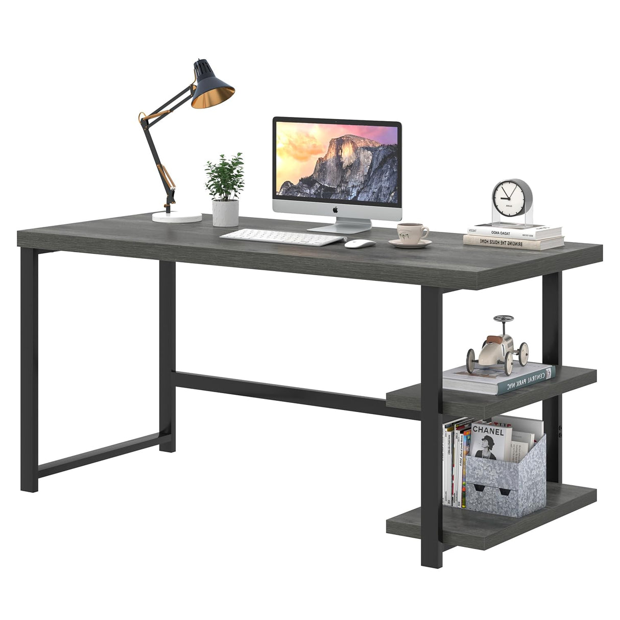 Industrial Computer Desk, Home Office Desk with Storage Shelves, Wood Study Writing