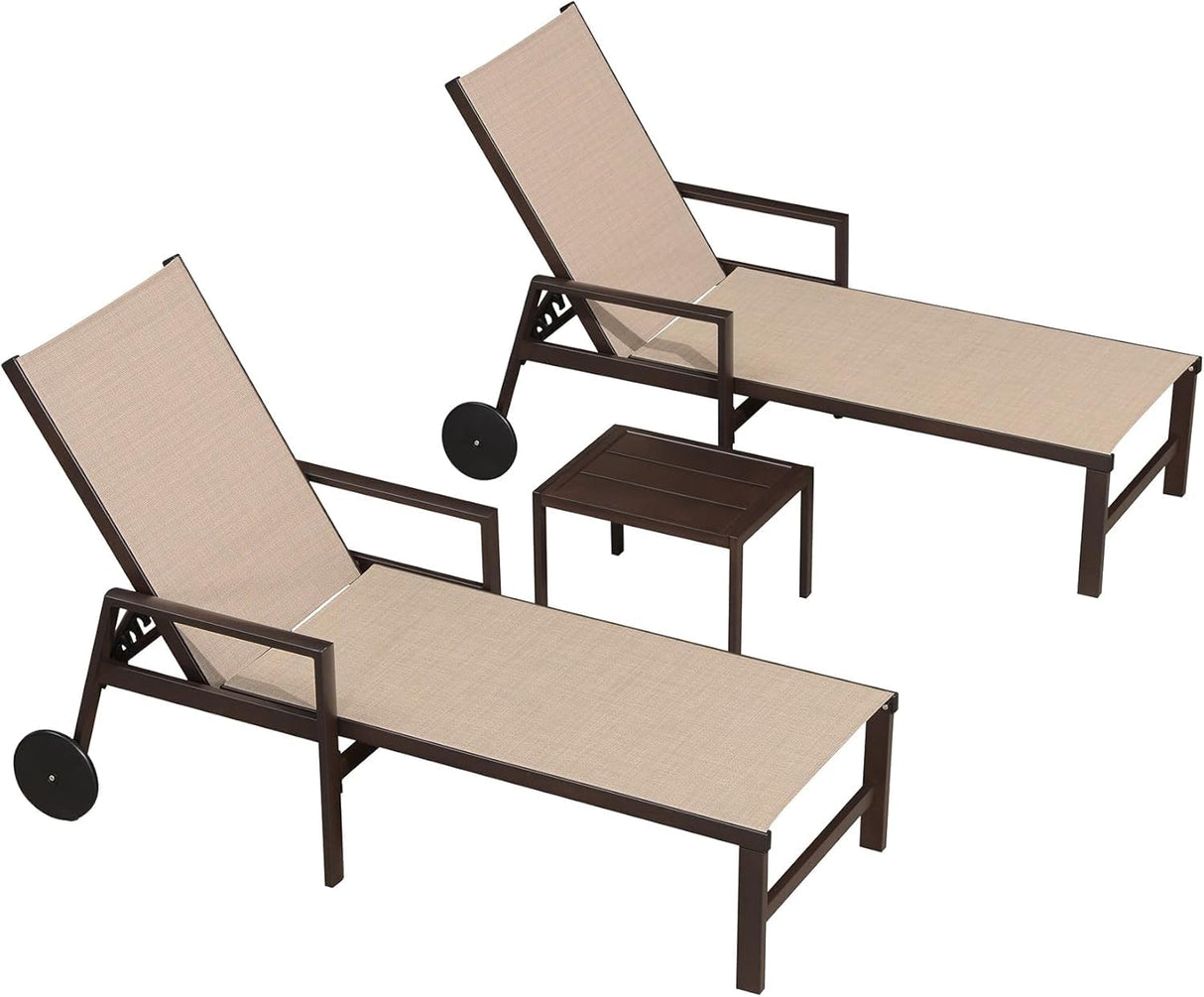 PURPLE LEAF Pool Lounge Chairs Set of 3 Aluminum Outdoor Lounge Chairs with Wheels and Armrests Adjustable Patio for Deck Outside Lawn Garden, Cream