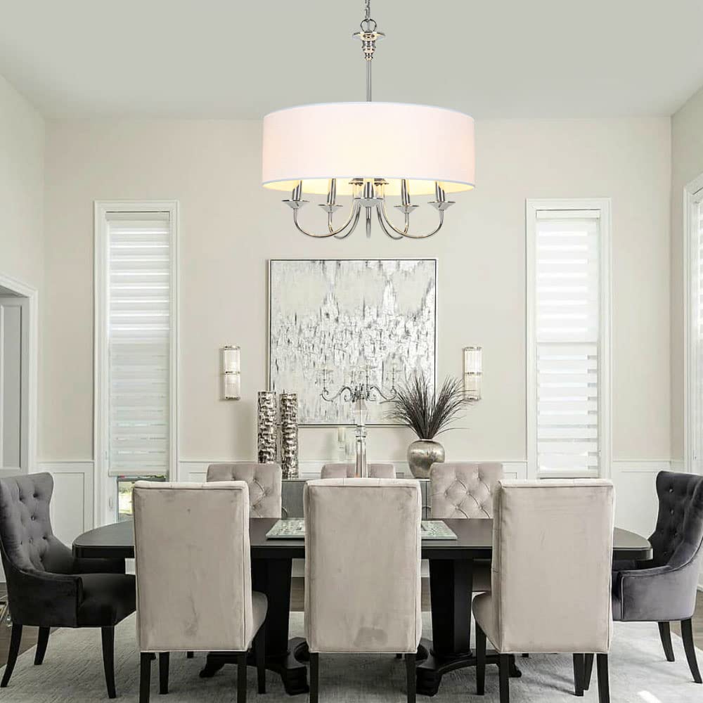 5-Light Traditional Chandelier with White Linen Drum Shade, Drum Chandelier