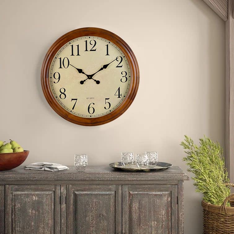 24-Inch Wood Silent Non-Ticking Battery Operated Decorative Wall Clock Brown