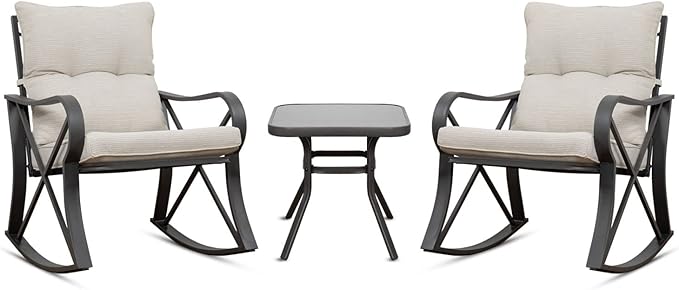 3 Piece Bistro Set Patio Rocking Chairs Outdoor Furniture w Warm Gray Cushions