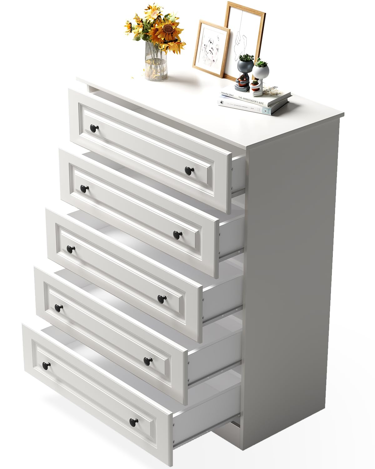 White 5-Drawer Tall Dresser with Wood Top, Modern Storage Tower for Bedroom, Closet, Living Room, Entryway, Hallway