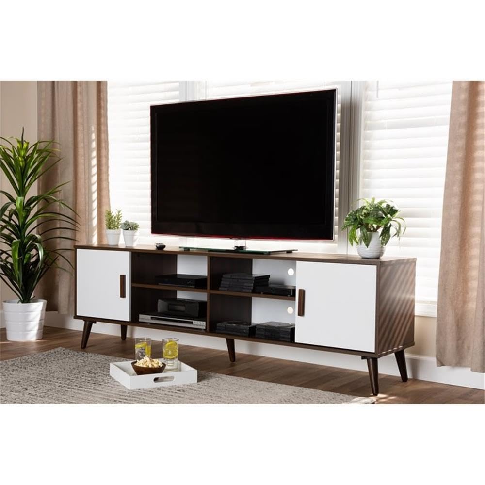 Quinn Mid-Century Modern Two-Tone White and Walnut Finished 2-Door Wood TV Stand