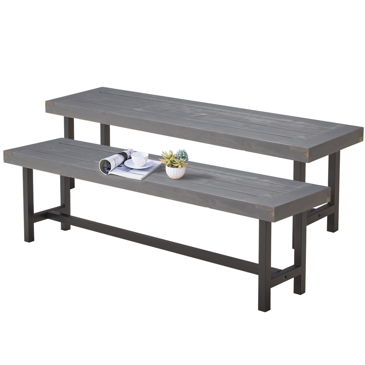 Outdoor Wood Benches Set of 2, Patio Wooden Picnic Bench Waterproof