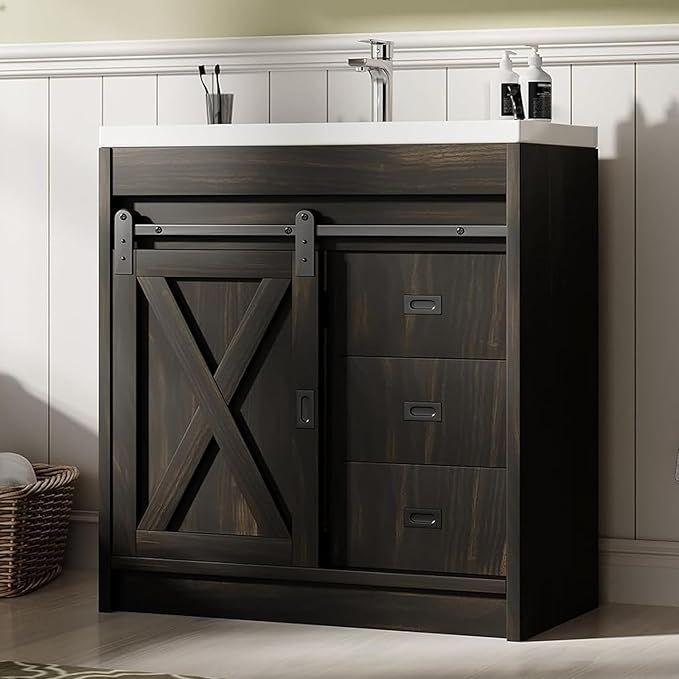 Farmhouse Bathroom Vanity with Sink, White Bathroom Vanity Cabinet with 3 Drawers