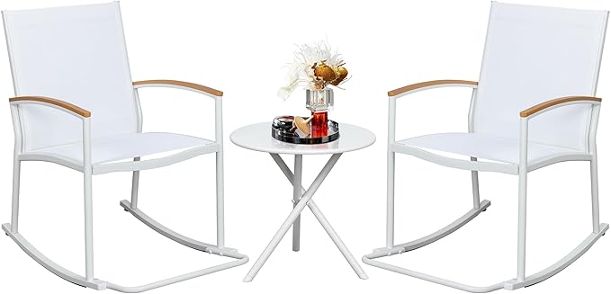 3-Piece Rocking Bistro Set with Weather-Resistant Wicker & Glass Table