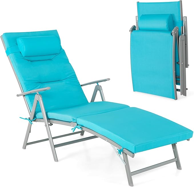 Folding Chaise Lounge Chair - Outdoor Reclining Chair with Removable Seat Cushion