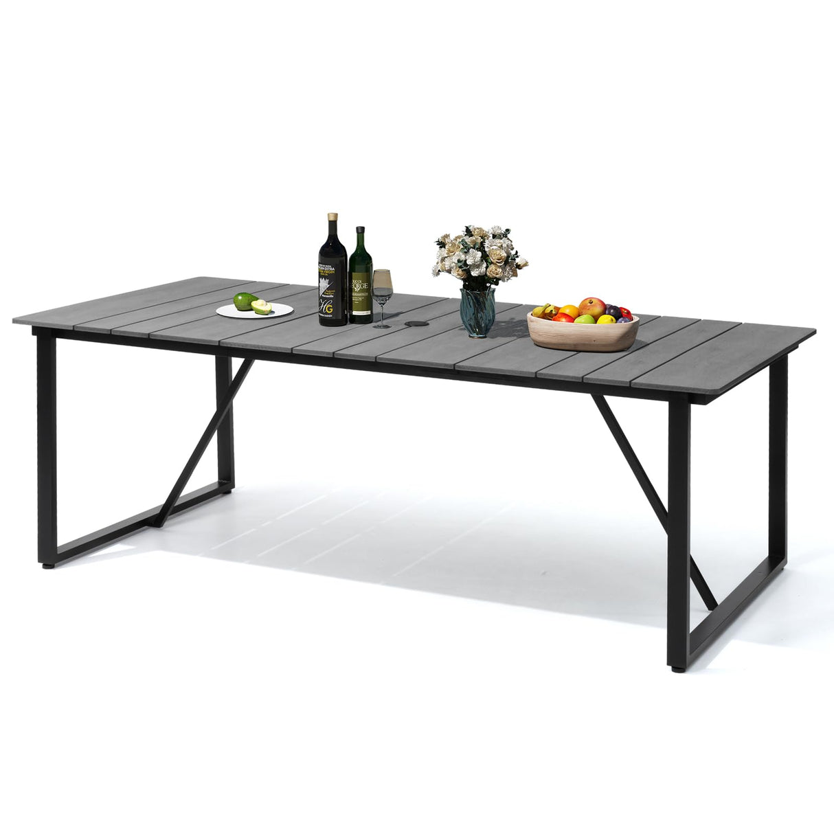 Patio Table with Umbrella Hole 83" Rectangle Indoor Outdoor Dining Table for 6-8 All Weather