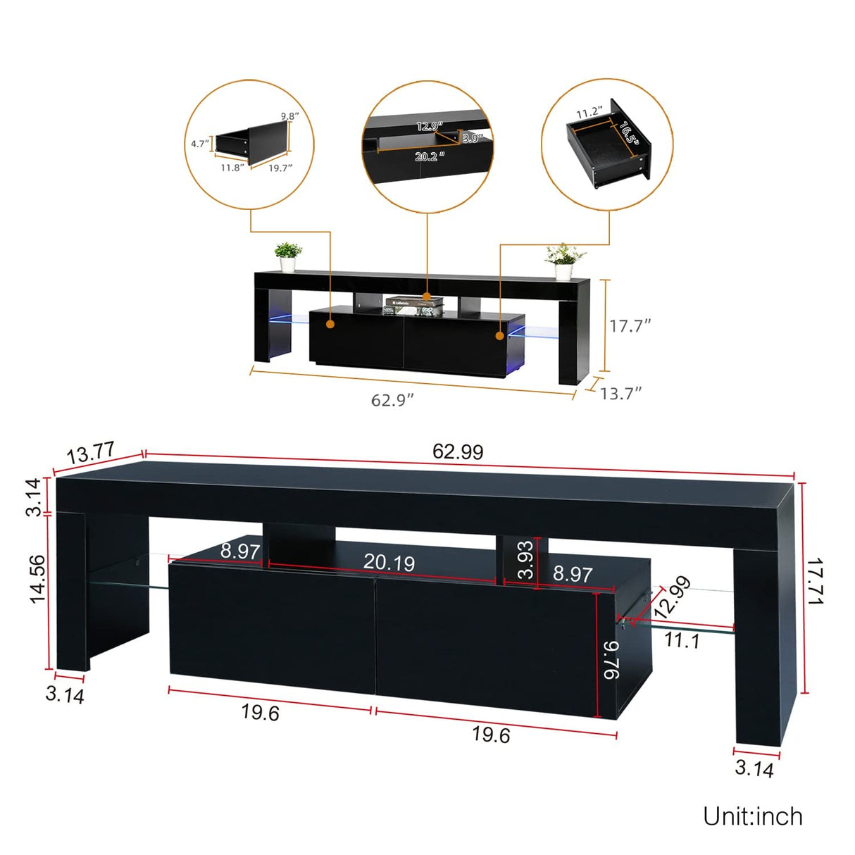 Black TV Stand, 60 65 70 75 inch Wood TV Stand, High Glossy Entertainment Center