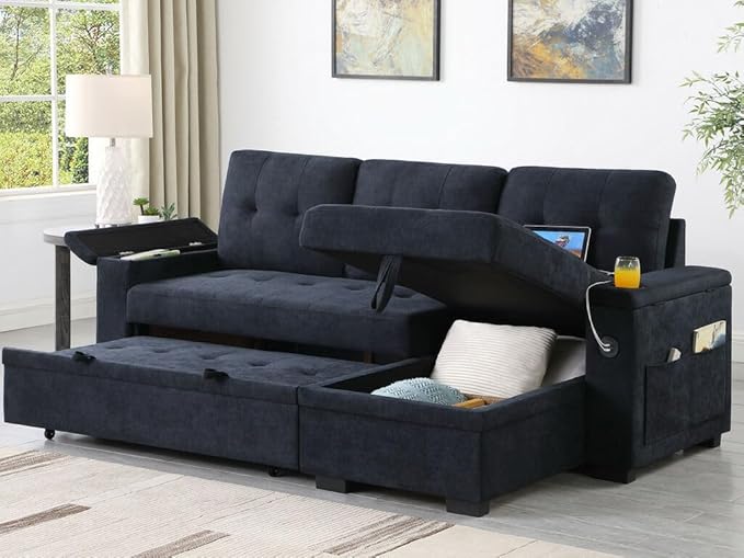 Shape Reversible Sleeper Sectional Couch Pull Out Sofa Bed w/Storage Chaise