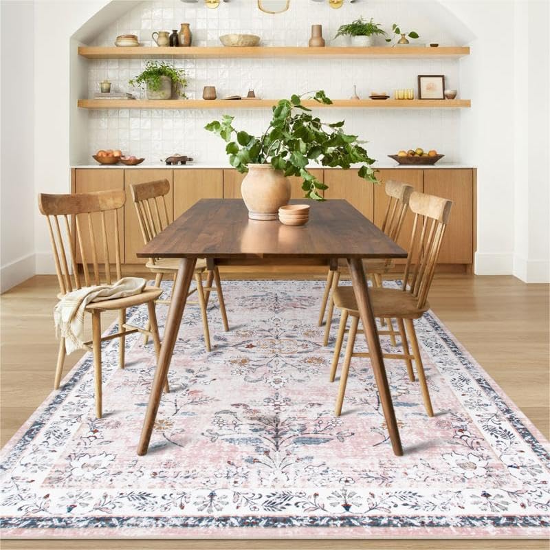 Machine Washable 5x7 Rug, Pink Rugs for Bedroom Girls, Soft Boho Floral Nursery Rug