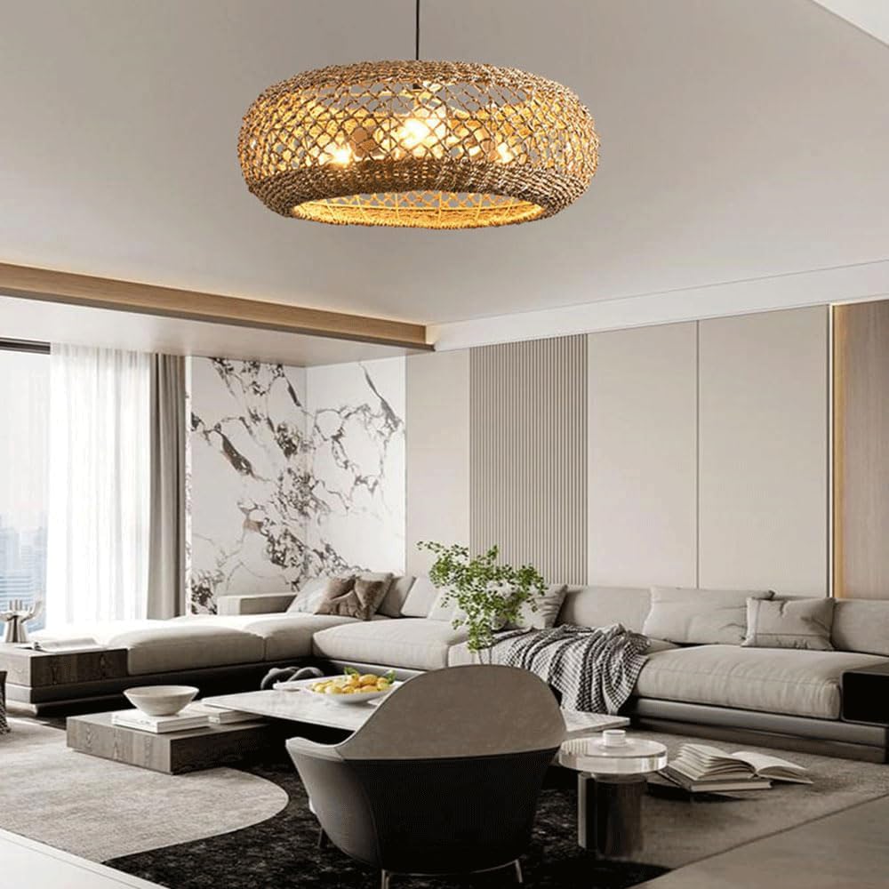 Chinese Elegant Zen Grass Rattan Color Pendant Light Rattan Round Hanging Lamp E26/E27 Lamp Base Diameter 19.7in Chandeliers
