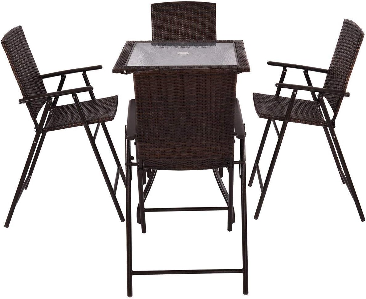 5 Pieces Patio Dining Set, 4 Folding Wicker Sling Chairs and Square Glass Top Table Set