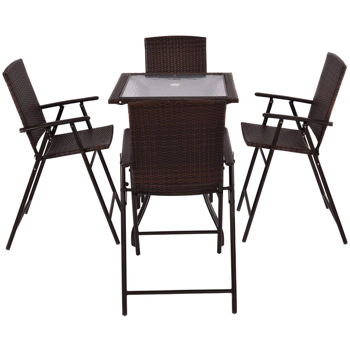 5 Pieces Patio Dining Set, 4 Folding Wicker Sling Chairs and Square Glass Top Table Set