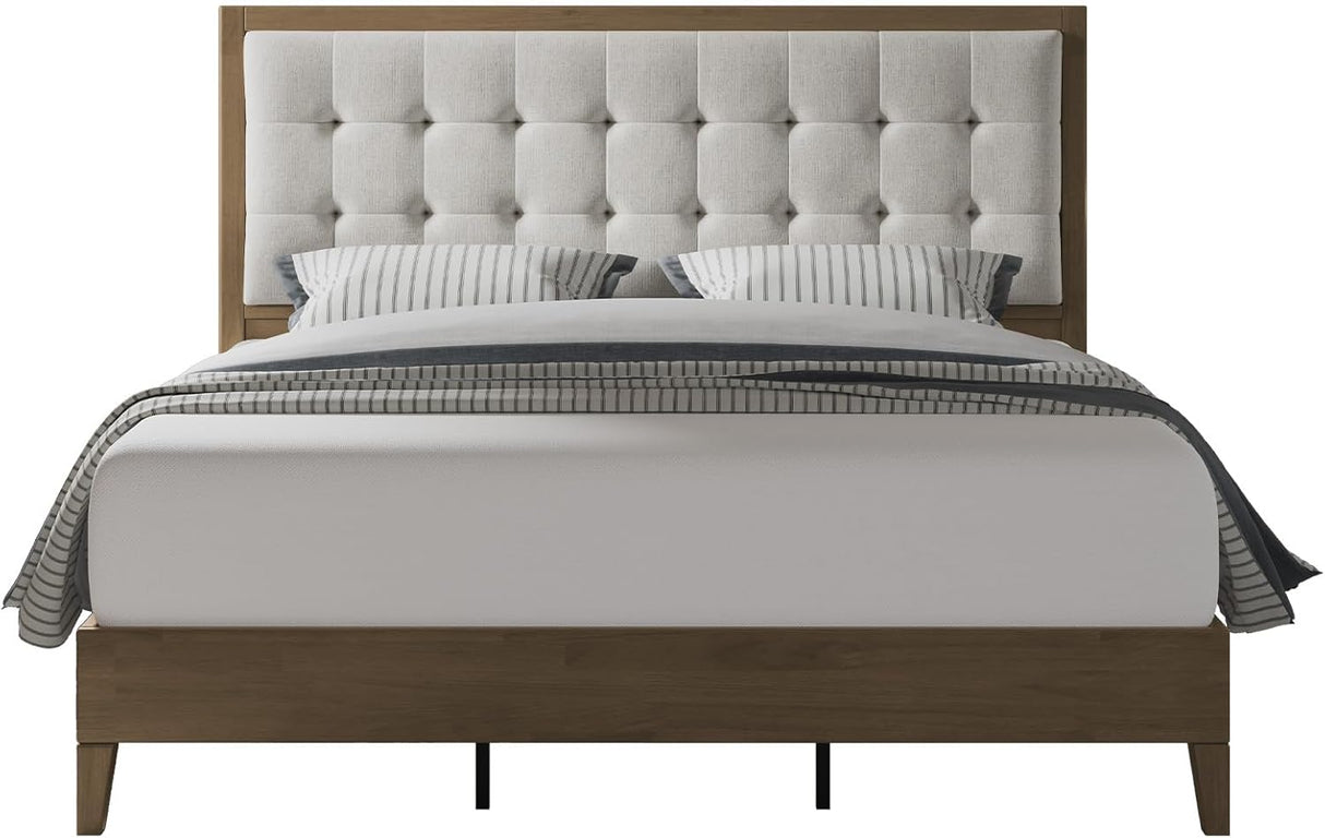 King Size Wood Bed Frame with Tall Tufted Headboard - Walnut