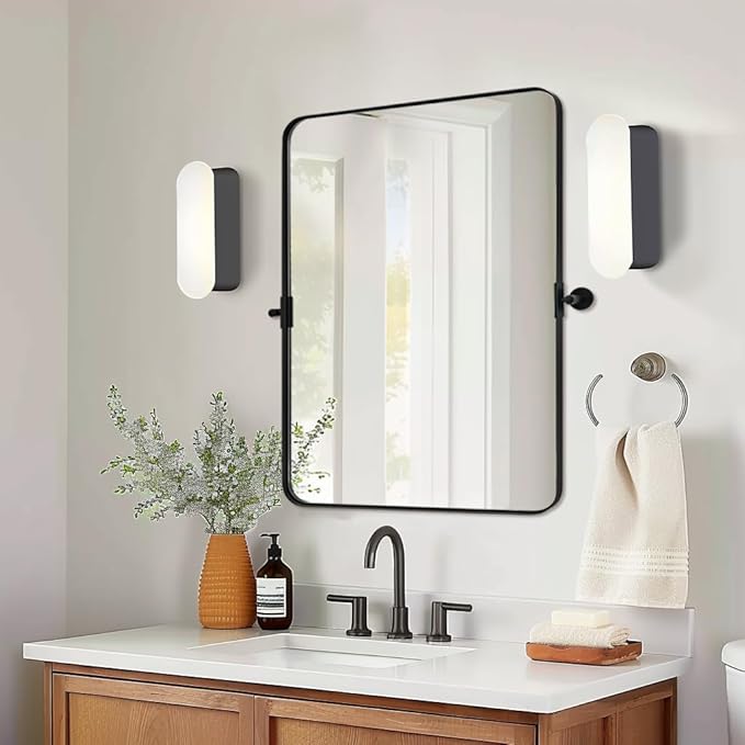 Black Bathroom Mirrors , Metal Framed Rounded Rectangle Wall Vanity Mirror