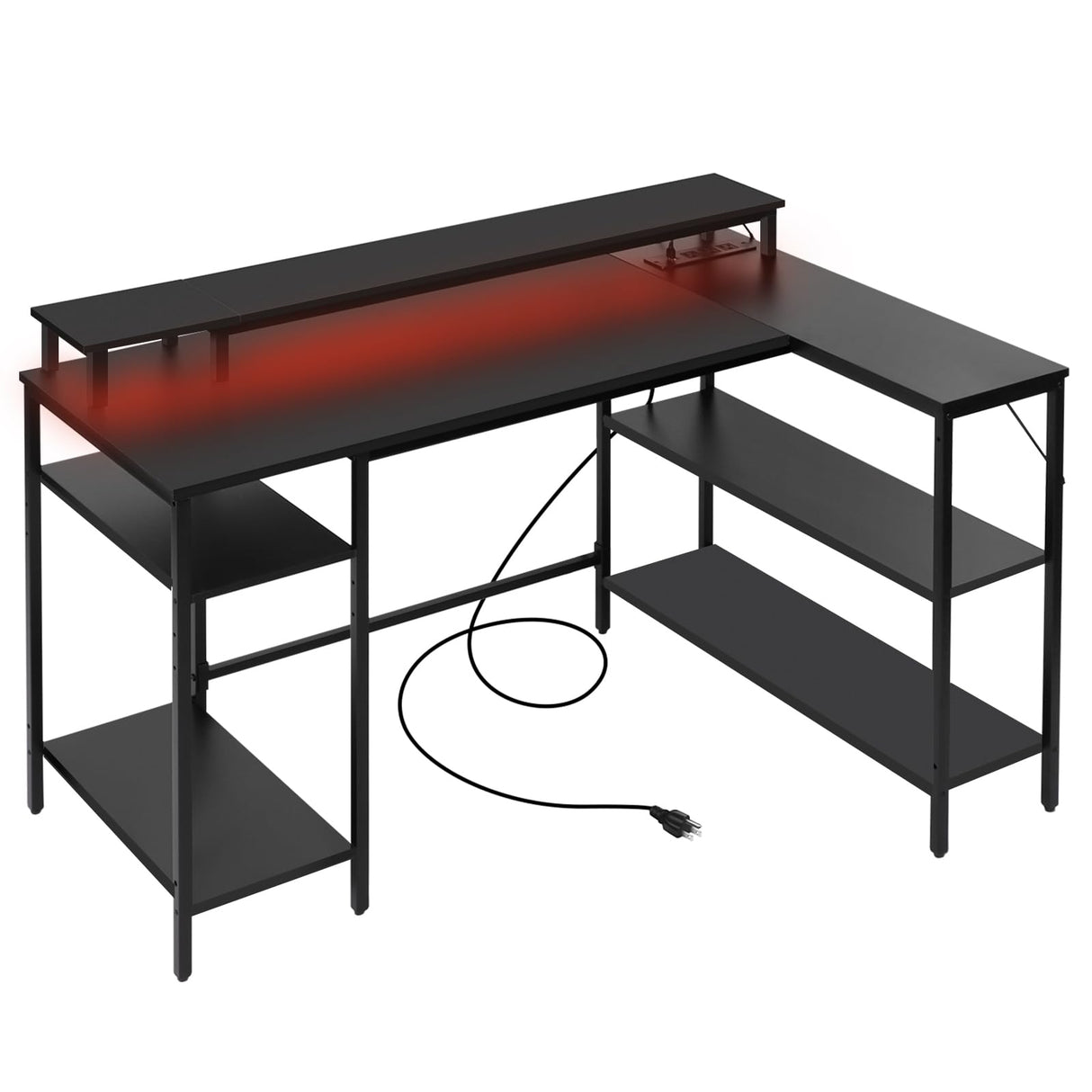 L Shaped Gaming Desk with LED Lights & Power Outlets, Reversible Computer Desk