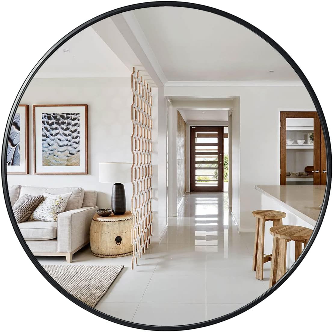 Large Round Mirror - 48 Inch Black Metal Frame Modern Vanity Mirror for Bathroom