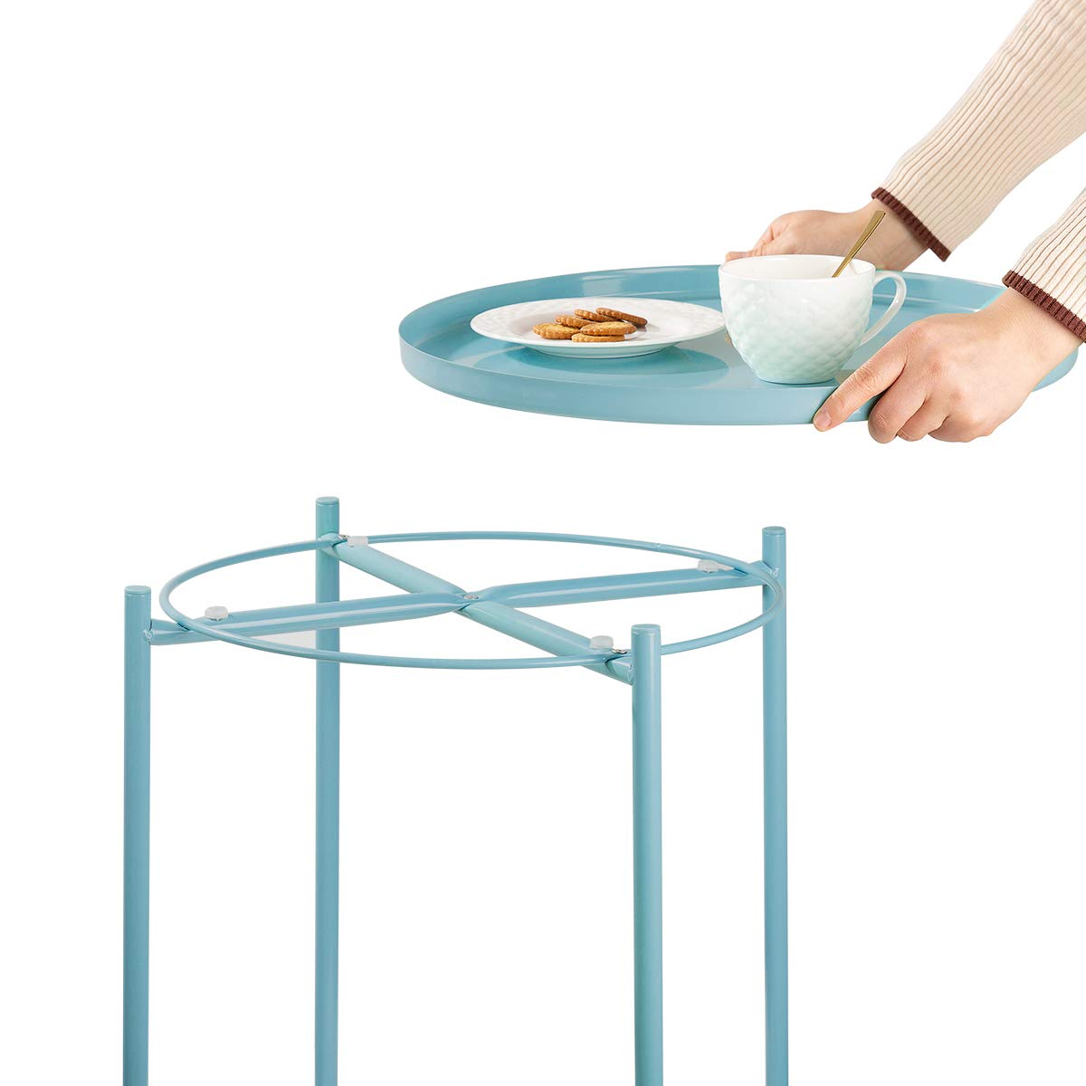 Tray End Table, Round Metal Tray Table Side Sofa Table Anti-Rust and Waterproof