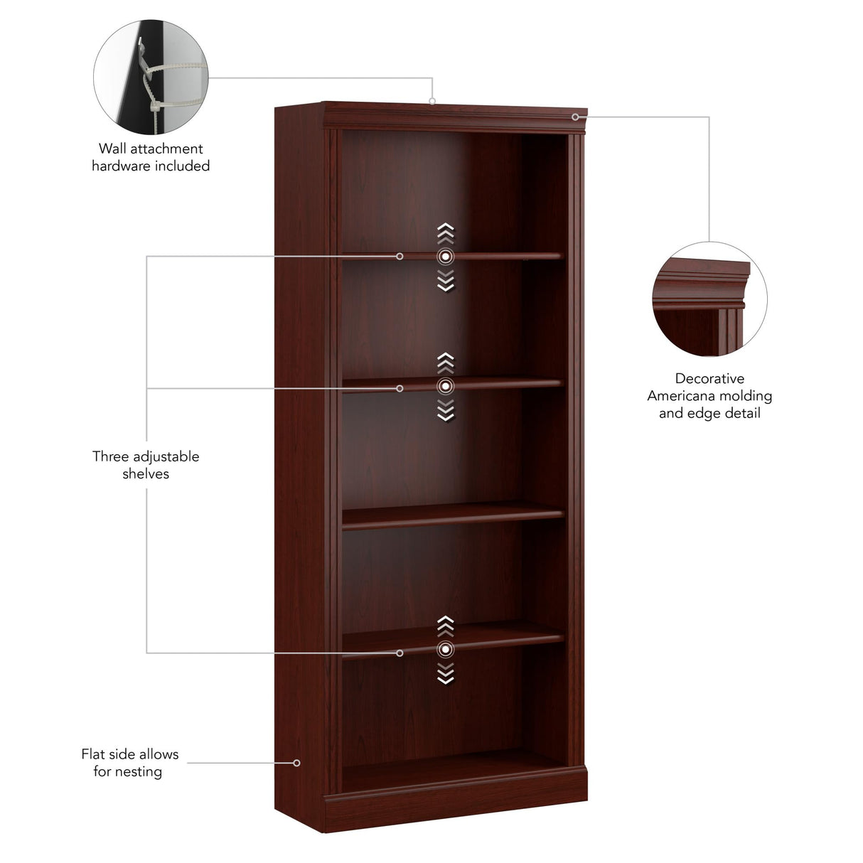 kathy ireland Home by Bush Furniture Bennington 5 Shelf Bookcase, Harvest Cherry (WC65515-03)
