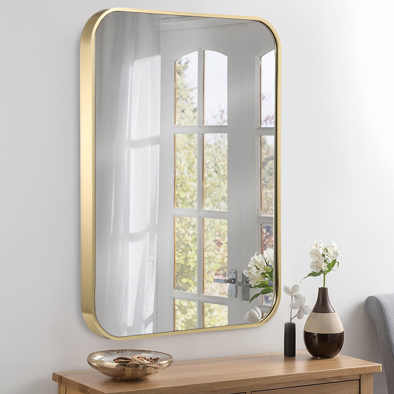 24x36 Inch Gold Bathroom Mirror, Brushed Brass Gold Metal Framed Rectangular