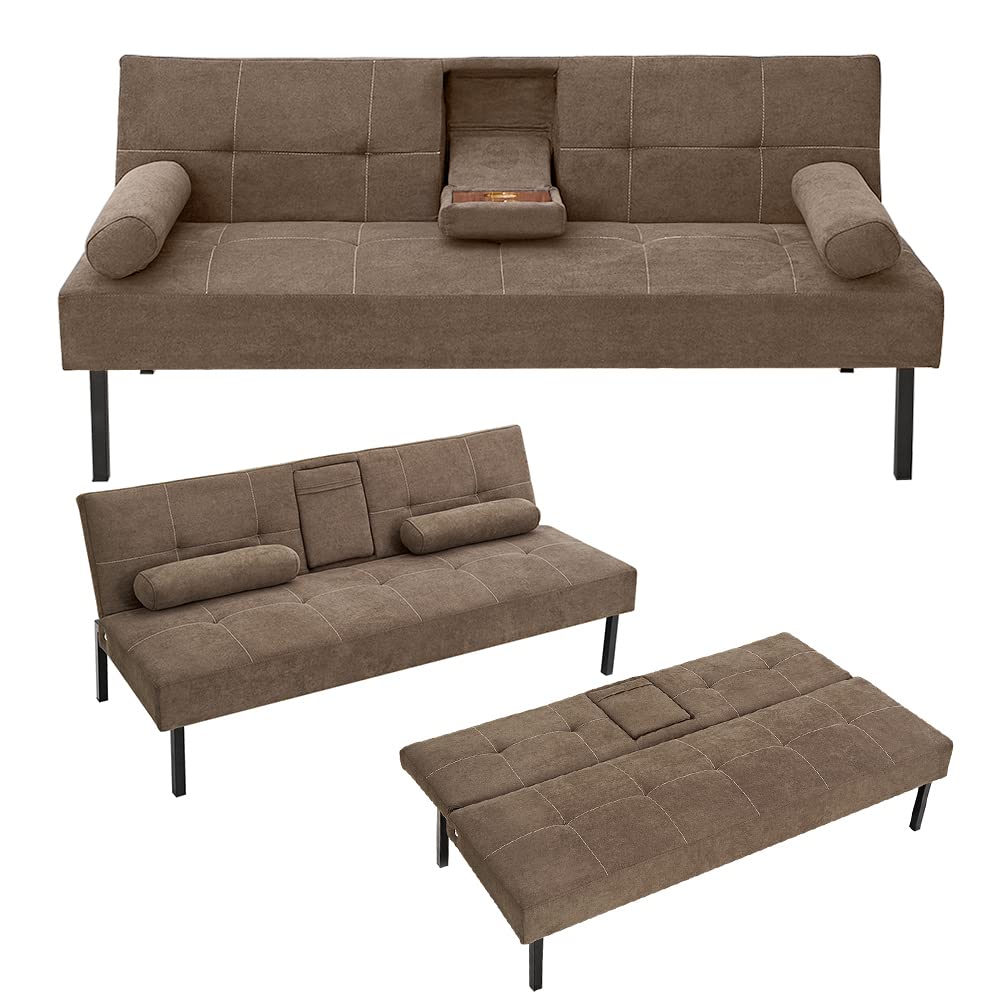 Futon Sofa Bed, Convertible Sofa with Cup Holder Couch Sleeper Linen Upholstered