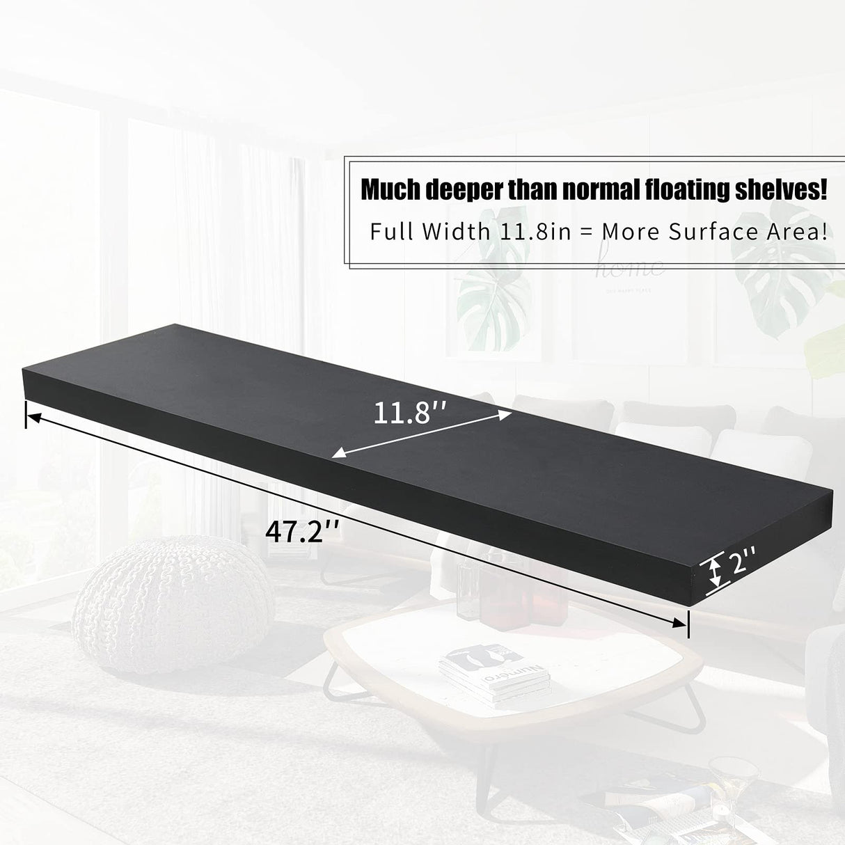 WELLAND 12" Deep Black Floating Shelves, Floating Wall Shelf, 47.24" L x 11.81" D x 2" T, Deeper Than Others, Black