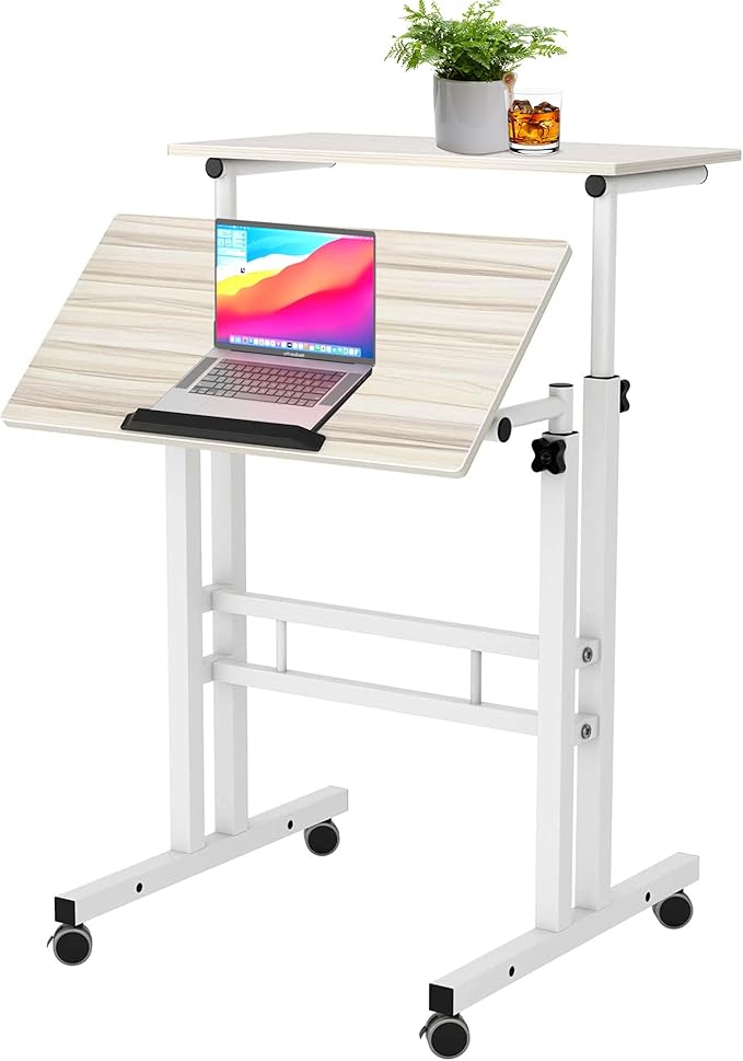 Mobile Standing Desk, Adjustable Laptop Desk with Wheels, Portable Home Office Workstation, Rolling Table Laptop Cart for Standing or Sitting, White