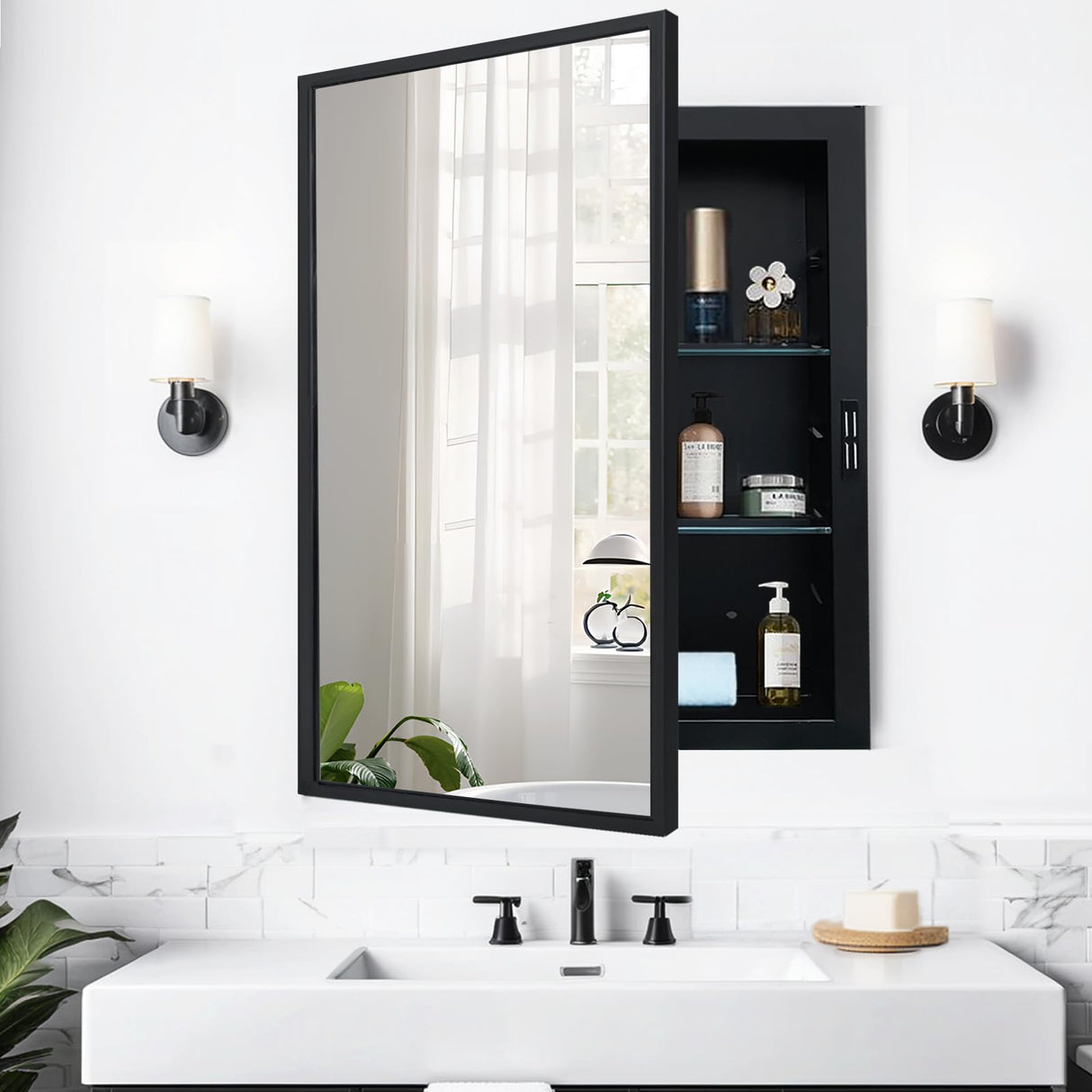 Recessed Medicine Cabinets with Mirror, Black Bathroom Mirror with Storage