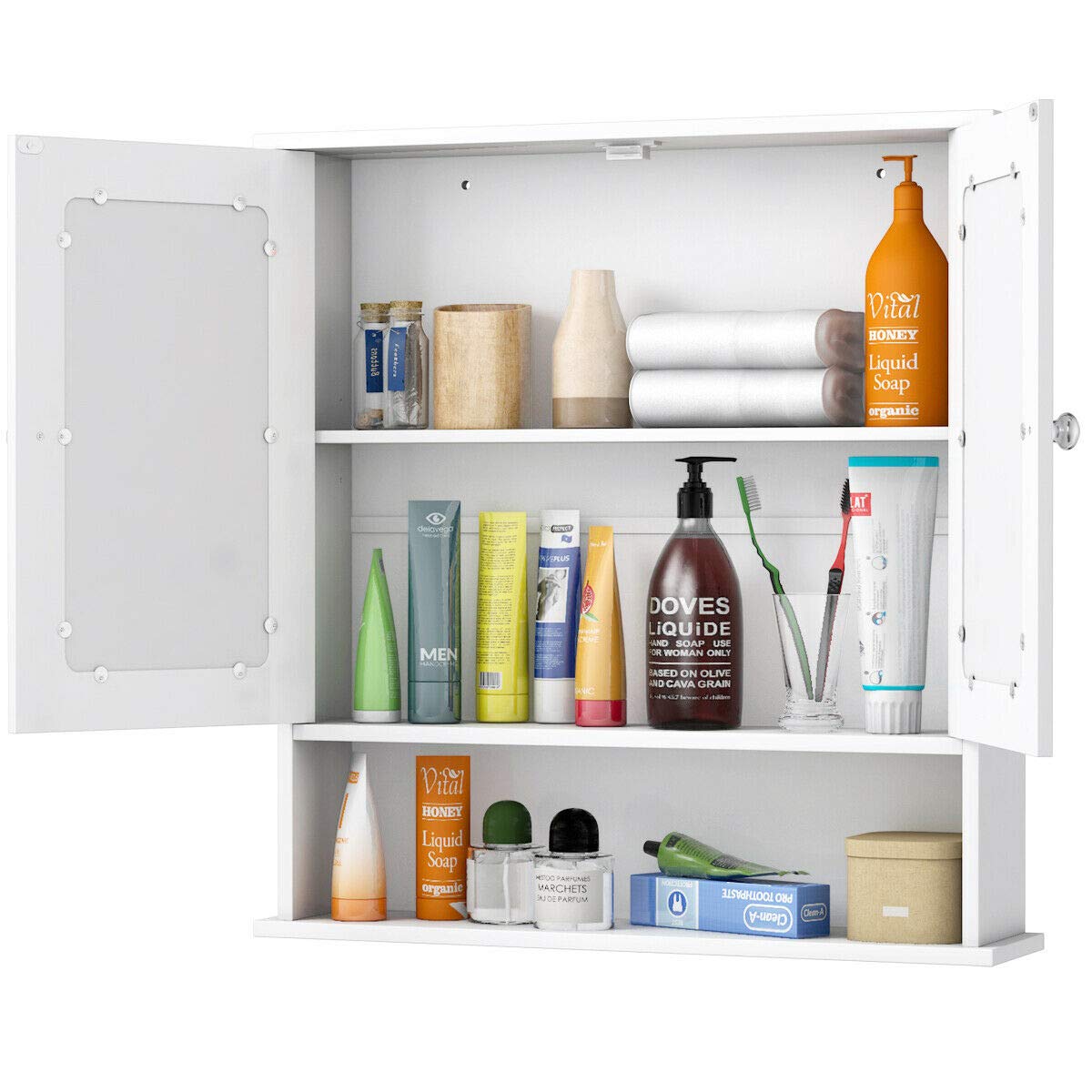 Bathroom Cabinet, Wall Mount Storage Cabinet with Double Mirror Doors