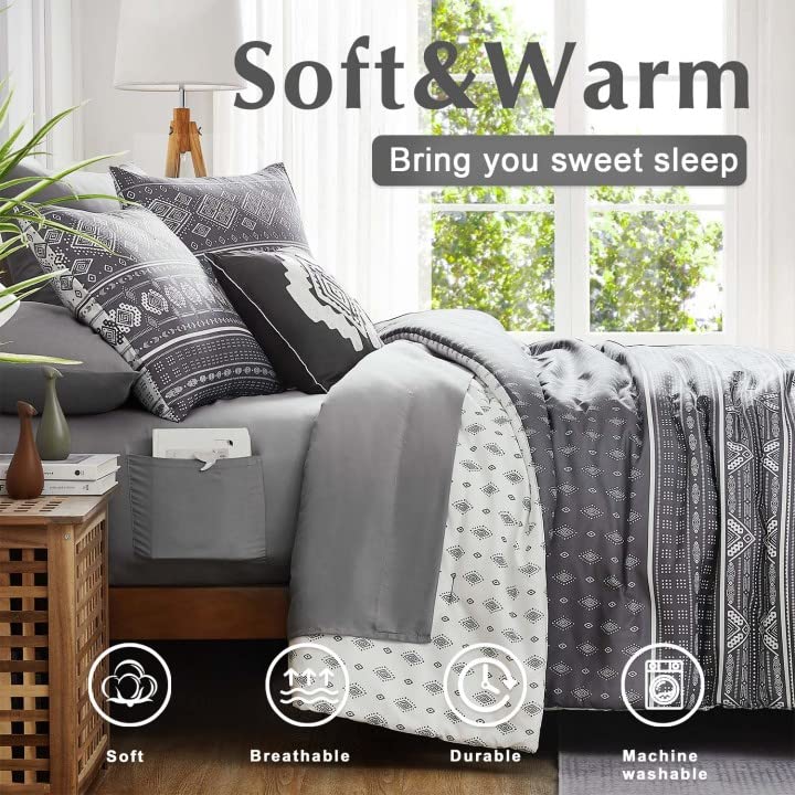 Queen Comforter Set, Boho Bed in a Bag 7PCS, Grey Reversible Aztec Pattern,
