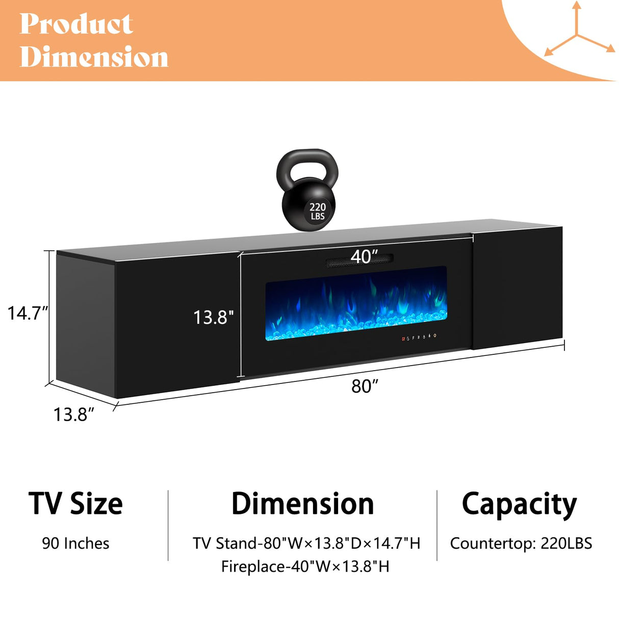 Floating Fireplace TV Stand, Wall Mounted Mirrored Entertainment Center